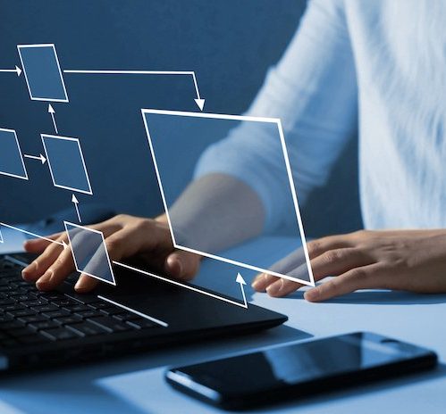 Business process and workflow automation with flowchart. Scheme of hierarchy management of corporate and processing management.